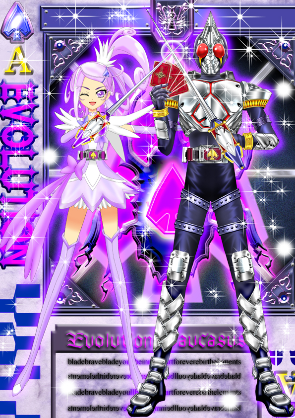 kenzaki makoto, cure sword, and kamen rider blade (precure and 3 more) drawn by luna_rune