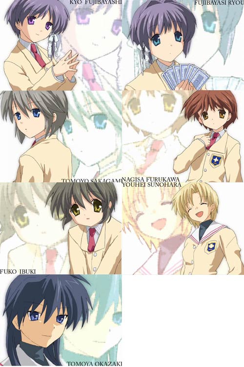 furukawa nagisa, fujibayashi kyou, sakagami tomoyo, fujibayashi ryou, sunohara youko, and 2 more (clannad)