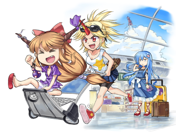 hinanawi tenshi, ibuki suika, and hoshiguma yuugi (touhou) drawn by moss_(sphere211)