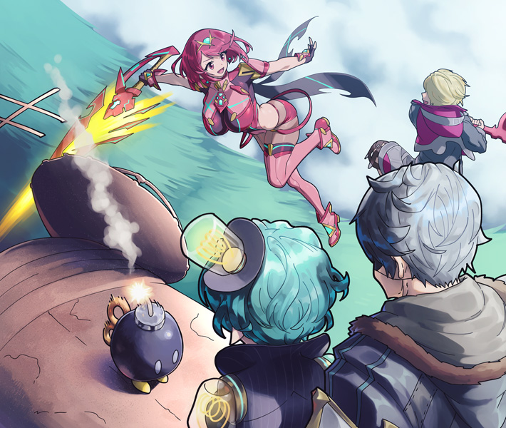 pyra, shulk, pandoria, zeke von genbu, and bob-omb (mario and 4 more) drawn by natto_soup