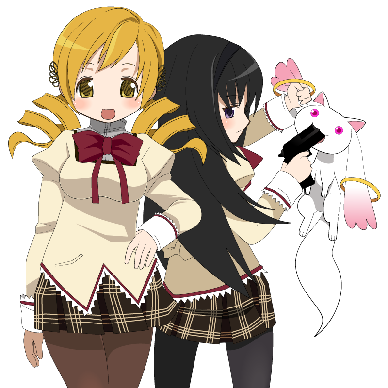 akemi homura, tomoe mami, and kyubey (mahou shoujo madoka magica) drawn by kuro_chairo_no_neko
