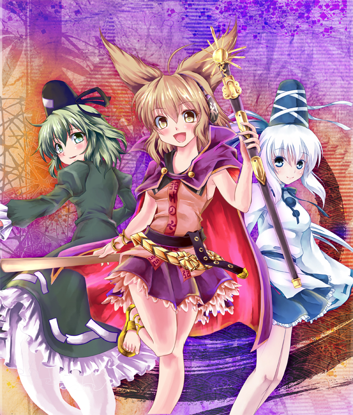 toyosatomimi no miko, mononobe no futo, and soga no tojiko (touhou) drawn by izumi_akane
