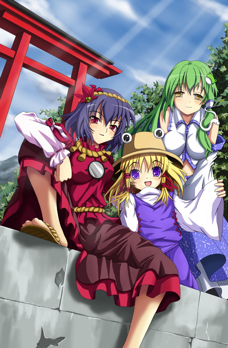 kochiya sanae, moriya suwako, yasaka kanako, and pyonta (touhou) drawn by zqhzx