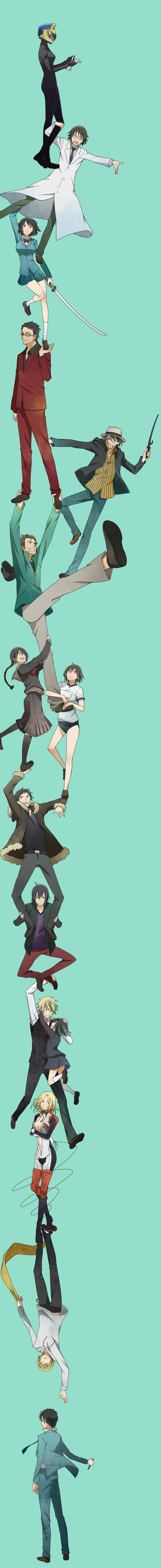 orihara izaya, sonohara anri, heiwajima shizuo, celty sturluson, ryuugamine mikado, and 10 more (durarara!!) drawn by kazu_sanbon