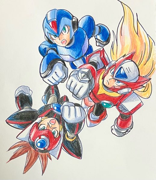 zero, x, and axl (mega man and 1 more) drawn by hijiriiyaa
