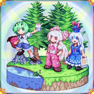 fujiwara no mokou, kamishirasawa keine, and wriggle nightbug (touhou) drawn by kisasage_kouta