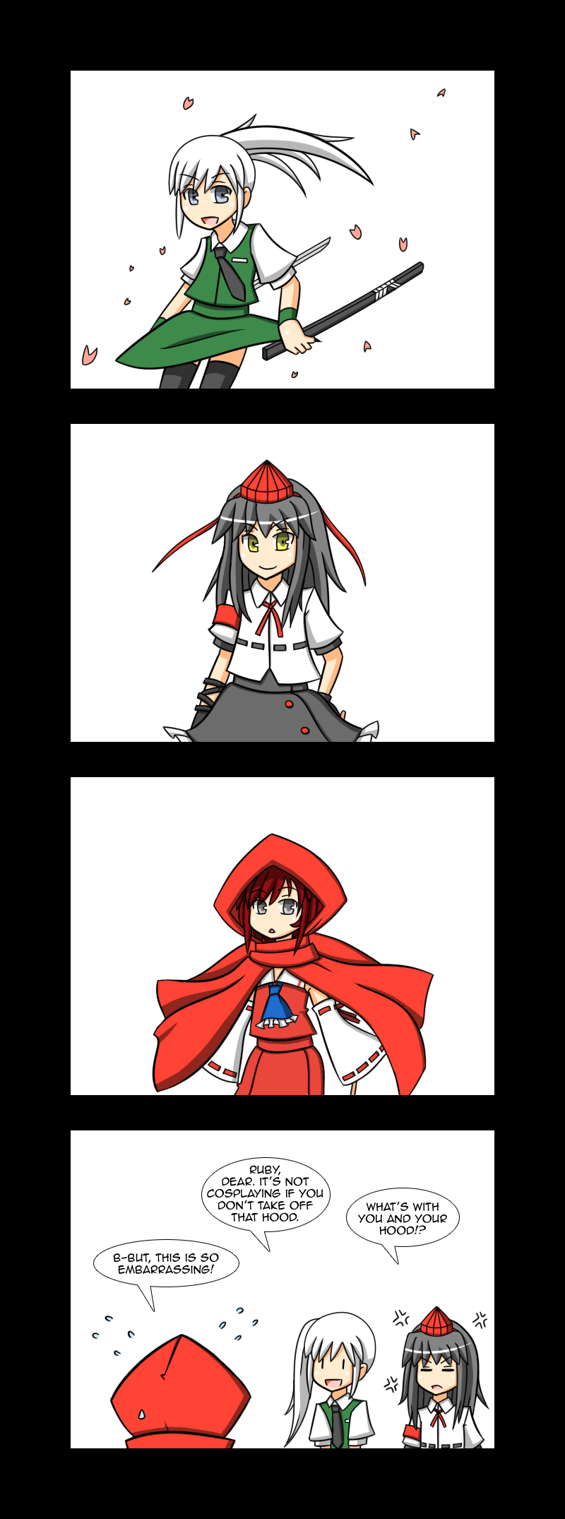 hakurei reimu, konpaku youmu, shameimaru aya, ruby rose, weiss schnee, and 1 more (touhou and 1 more) drawn by lunarisaileron
