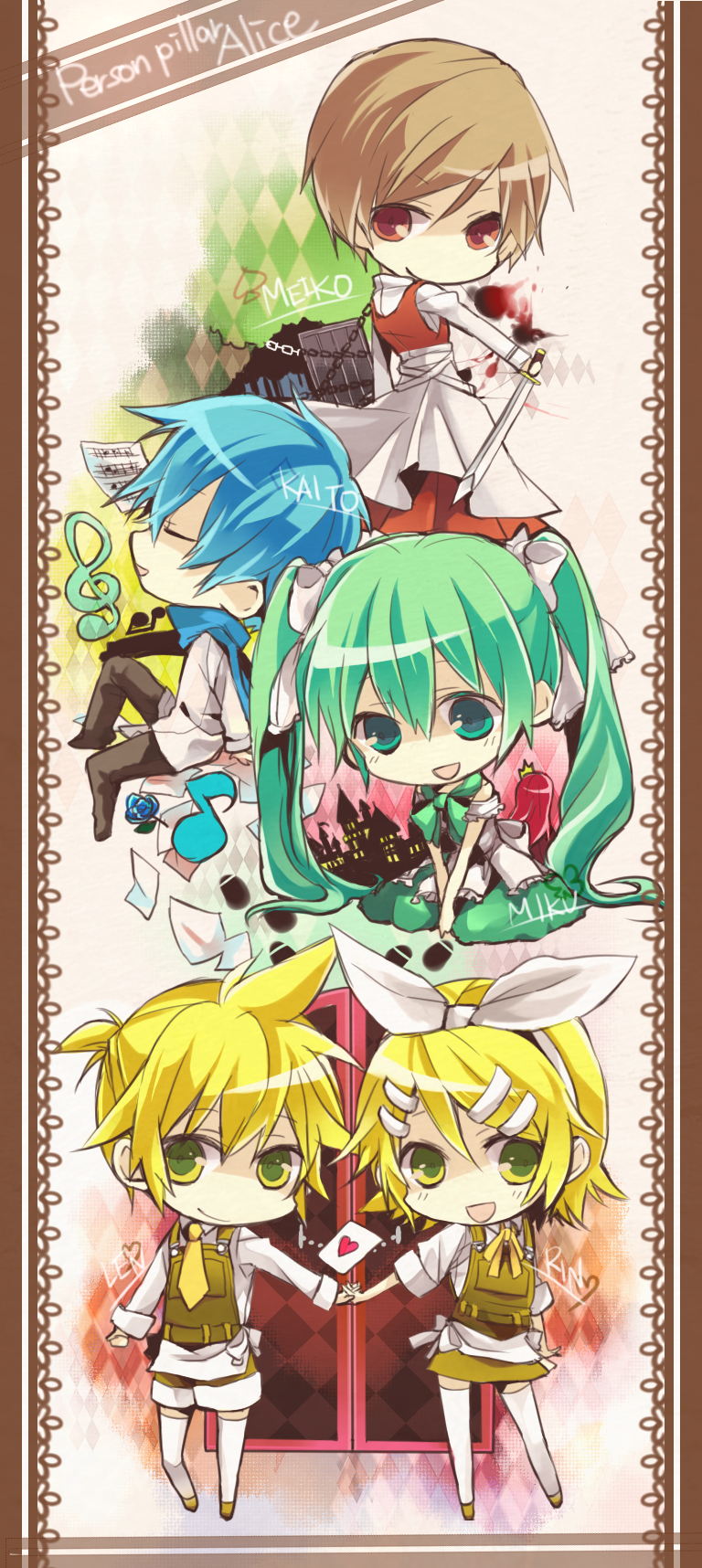 hatsune miku, kagamine rin, kagamine len, kaito, and meiko (vocaloid and 1 more) drawn by teito_(0w0kuma)