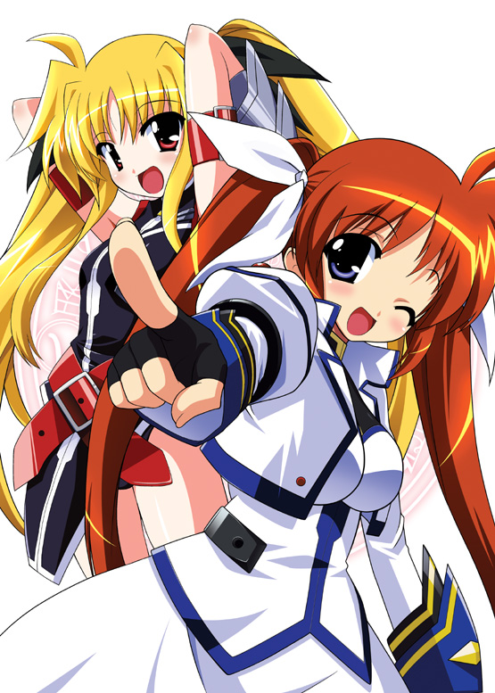 fate testarossa and takamachi nanoha (lyrical nanoha and 1 more) drawn by chirorian