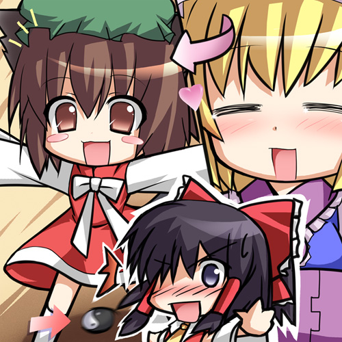 hakurei reimu, yakumo ran, and chen (touhou) drawn by katami_shinta