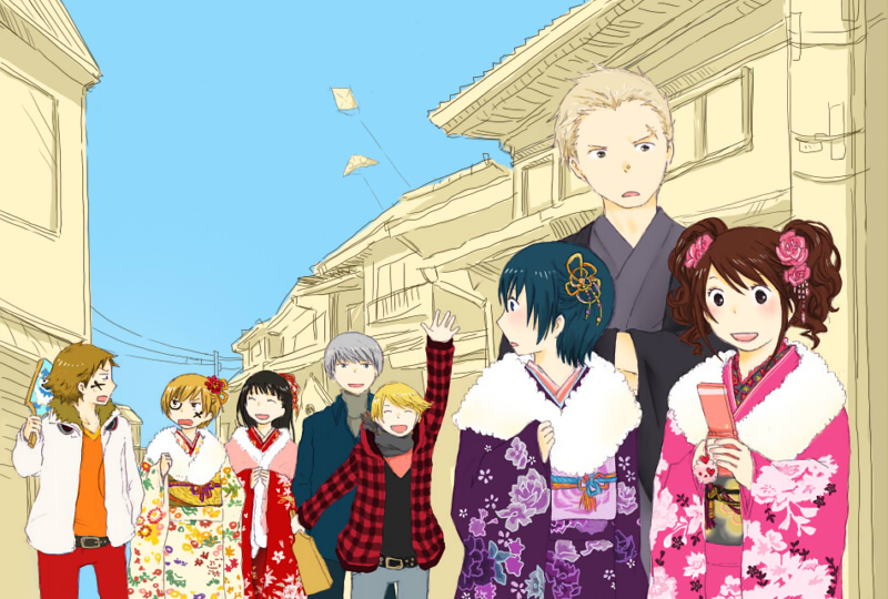 narukami yu, shirogane naoto, satonaka chie, kujikawa rise, amagi yukiko, and 4 more (persona and 1 more) drawn by jyako_(bara-myu)