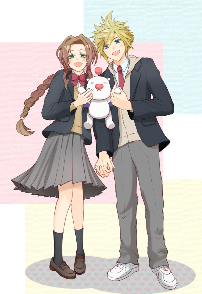 cloud strife, aerith gainsborough, and moogle (final fantasy and 1 more) drawn by yahokichi_ma