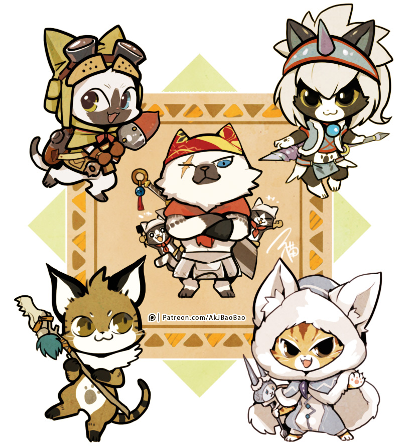 player palico, kitchen felyne, meowscular chef, grimalkyne, and bugtrapper (monster hunter and 1 more) drawn by aa2233a