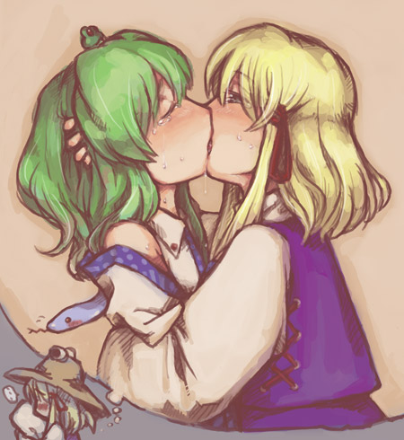 kochiya sanae, moriya suwako, and pyonta (touhou) drawn by buranantoka