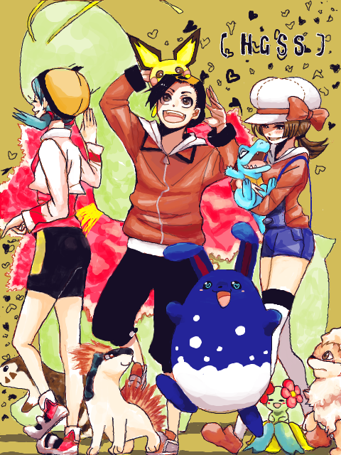 ethan, lyra, kris, pichu, totodile, and 6 more (pokemon and 2 more) drawn by haru_urara_(remember)