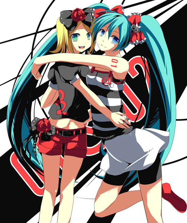 hatsune miku and kagamine rin (vocaloid) drawn by xhacox