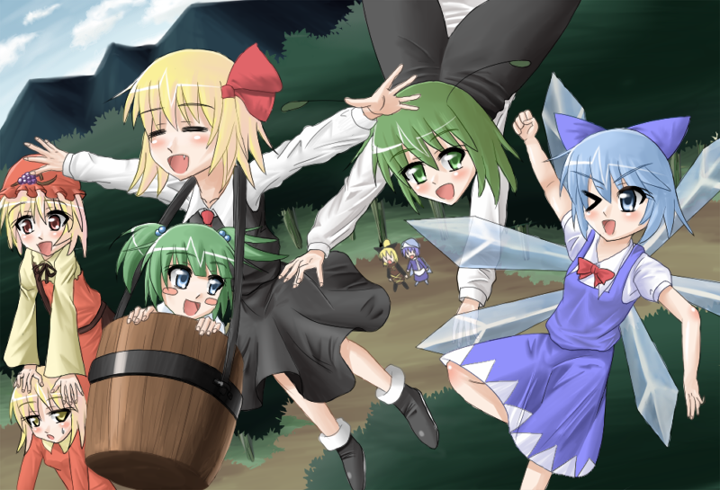 cirno, rumia, wriggle nightbug, kurodani yamame, aki minoriko, and 3 more (touhou) drawn by wawawa_karashi