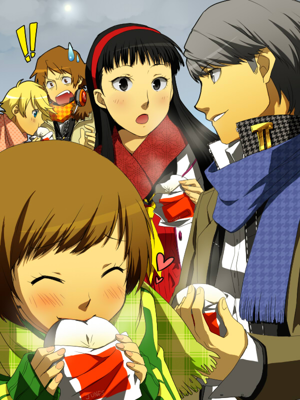 narukami yu, satonaka chie, amagi yukiko, hanamura yousuke, and kuma (persona and 1 more) drawn by fujino_miyabi