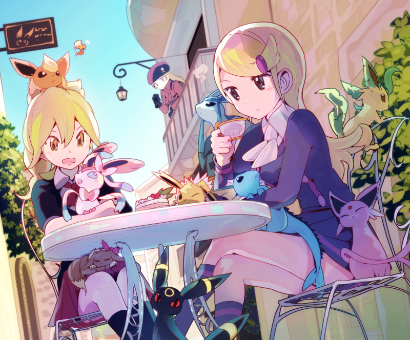 eevee, sylveon, umbreon, glaceon, vaporeon, and 8 more (pokemon and 1 more) drawn by inaeda_kei