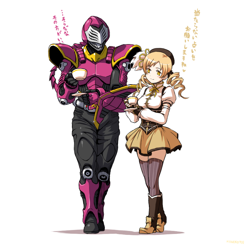 tomoe mami and kamen rider raia (mahou shoujo madoka magica and 2 more) drawn by kaneko_tsukasa