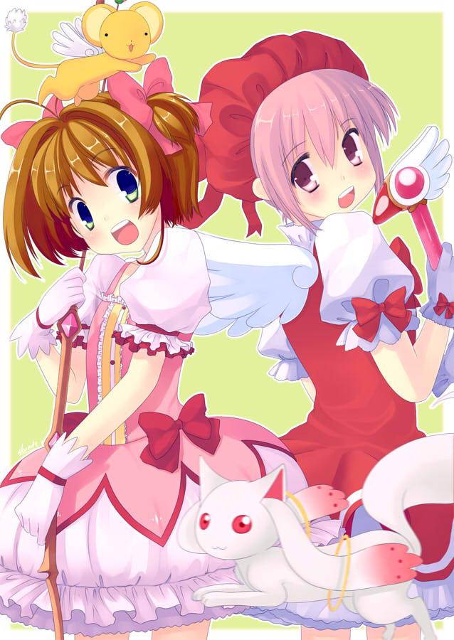 kaname madoka, kyubey, kinomoto sakura, and kero (mahou shoujo madoka magica and 1 more) drawn by abondz