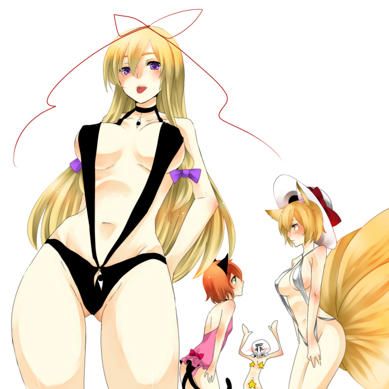 yakumo yukari, yakumo ran, chen, and sin sack (touhou) drawn by yutazou