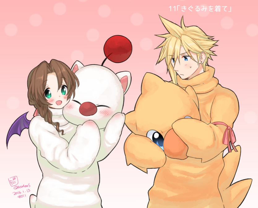 cloud strife, aerith gainsborough, and moogle (final fantasy and 2 more) drawn by krudears