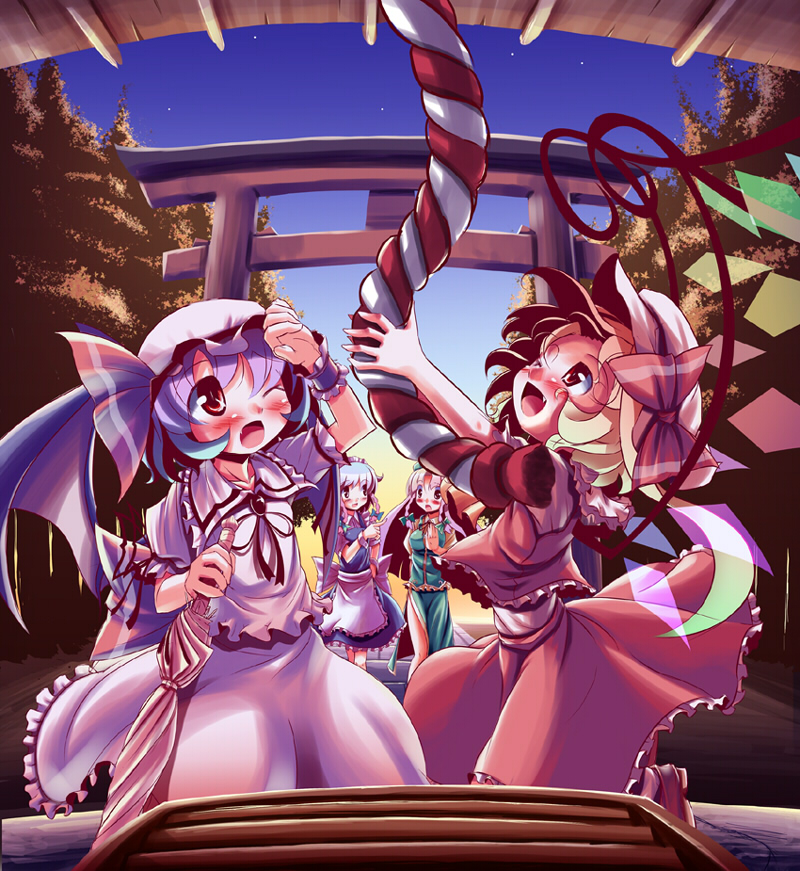 remilia scarlet, flandre scarlet, izayoi sakuya, and hong meiling (touhou) drawn by takahero