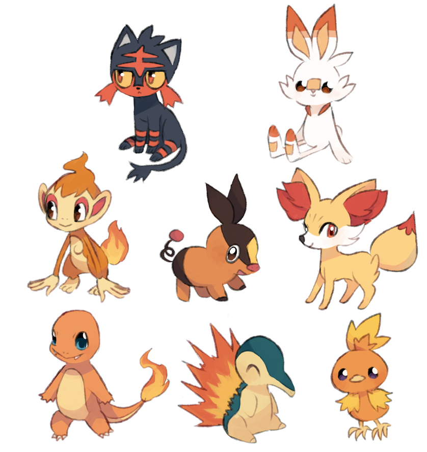 scorbunny, cyndaquil, charmander, torchic, tepig, and 3 more (pokemon) drawn by charamells