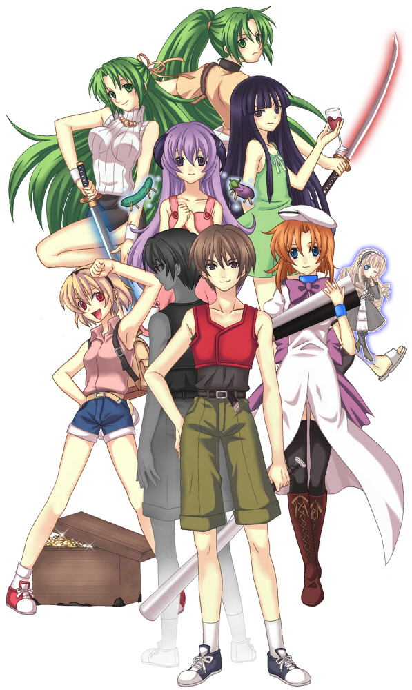 furude rika, ryuuguu rena, houjou satoko, sonozaki mion, hanyuu, and 2 more (higurashi no naku koro ni) drawn by irino
