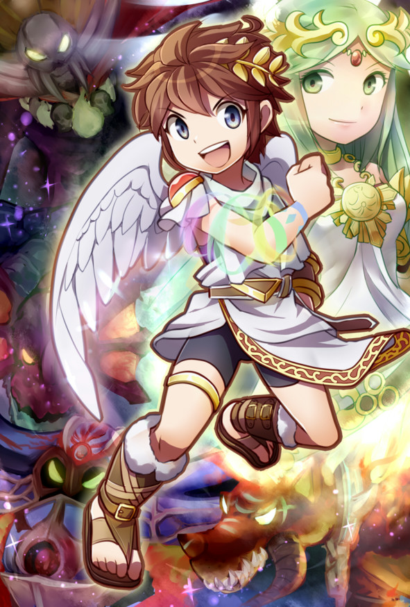 palutena, pit, hewdraw, twinbellows, gaol, and 1 more (kid icarus and 1 more) drawn by azumi_(tks-sd)