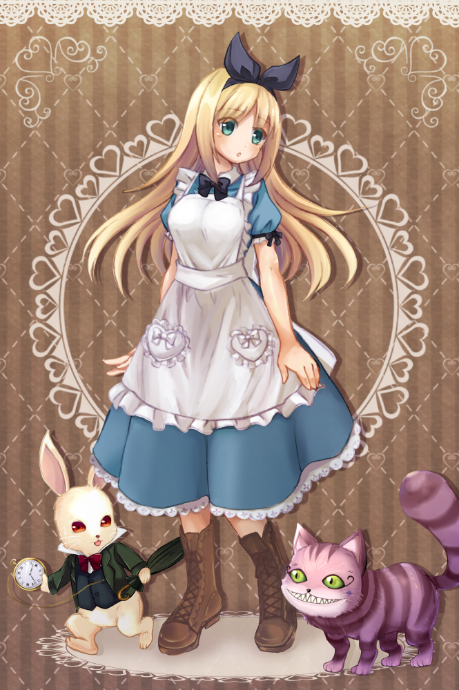 alice, white rabbit, and cheshire cat (alice's adventures in wonderland) drawn by shira_yu_ki