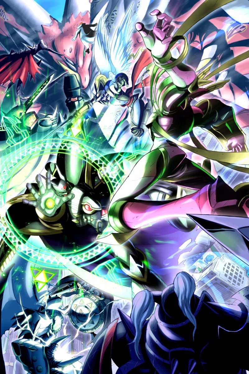 omegamon, dukemon, alphamon, lordknightmon, jesmon, and 5 more (digimon and 1 more) drawn by takeuchi_(rtakeuchi1535)