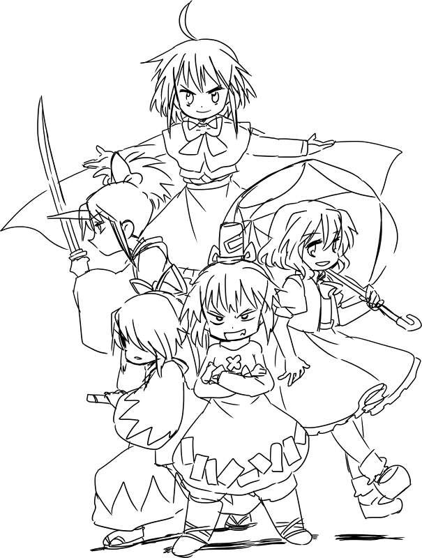 kazami yuuka, soga no tojiko, okazaki yumemi, konngara, and meira (touhou) drawn by hachi_(8bit_canvas)