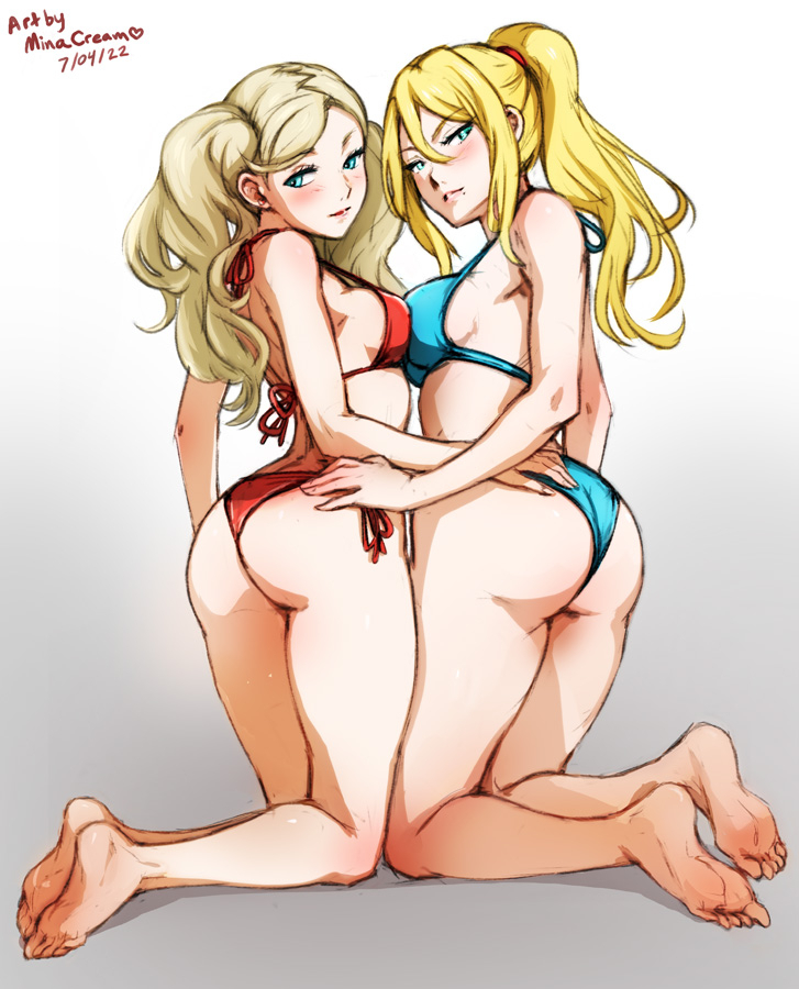 samus aran and takamaki anne (persona and 2 more) drawn by mina_cream