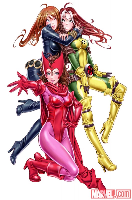 wanda maximoff, scarlet witch, black widow, natasha romanoff, and rogue (marvel and 2 more) drawn by yamashita_shun'ya