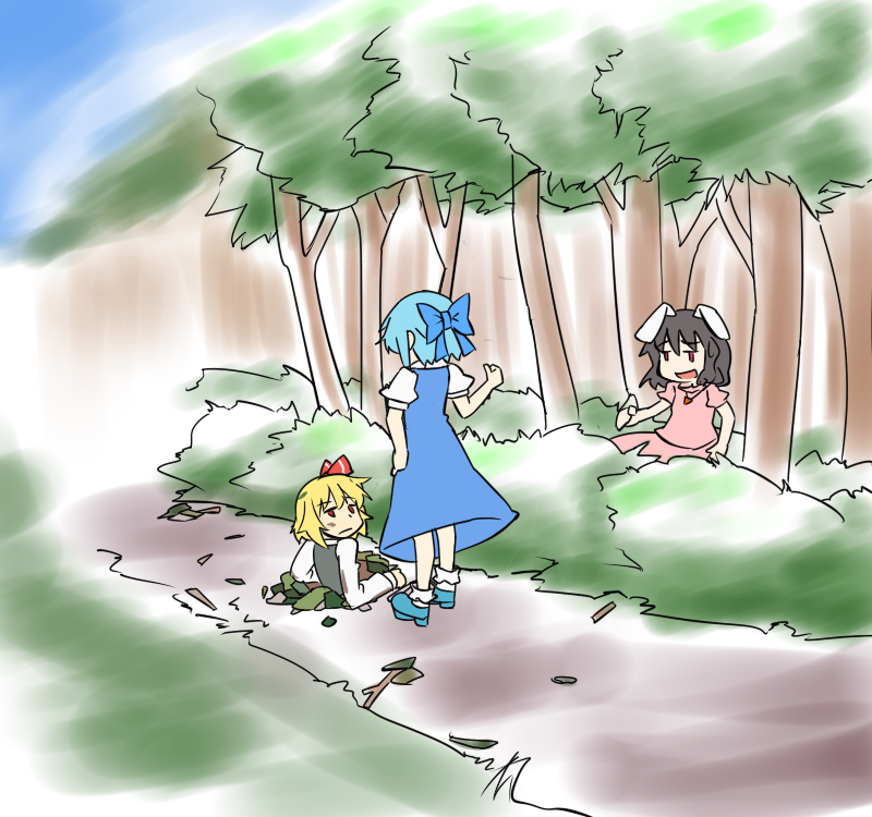 cirno, rumia, and inaba tewi (touhou) drawn by hihachi