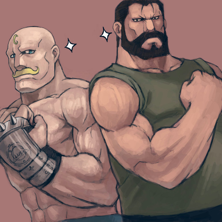 alex louis armstrong and sig curtis (fullmetal alchemist) drawn by mukuo
