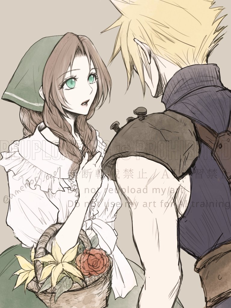 cloud strife and aerith gainsborough (final fantasy and 2 more) drawn by amemori_0207