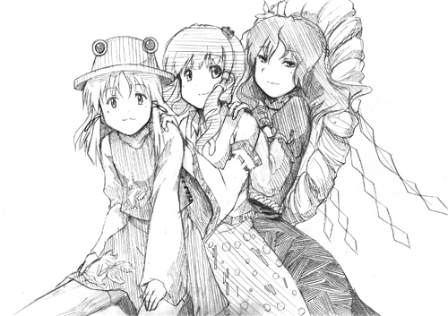 kochiya sanae, moriya suwako, and yasaka kanako (touhou) drawn by tsuji_kazuho