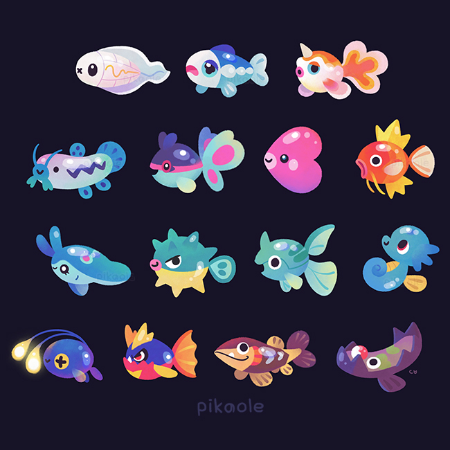 magikarp, luvdisc, wishiwashi, chinchou, goldeen, and 9 more (pokemon) drawn by pikaole