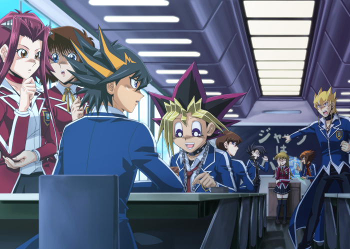 yuki judai, tenjouin asuka, fudo yusei, izayoi aki, muto yugi, and 4 more (yu-gi-oh! and 3 more) drawn by raku_(howdy)