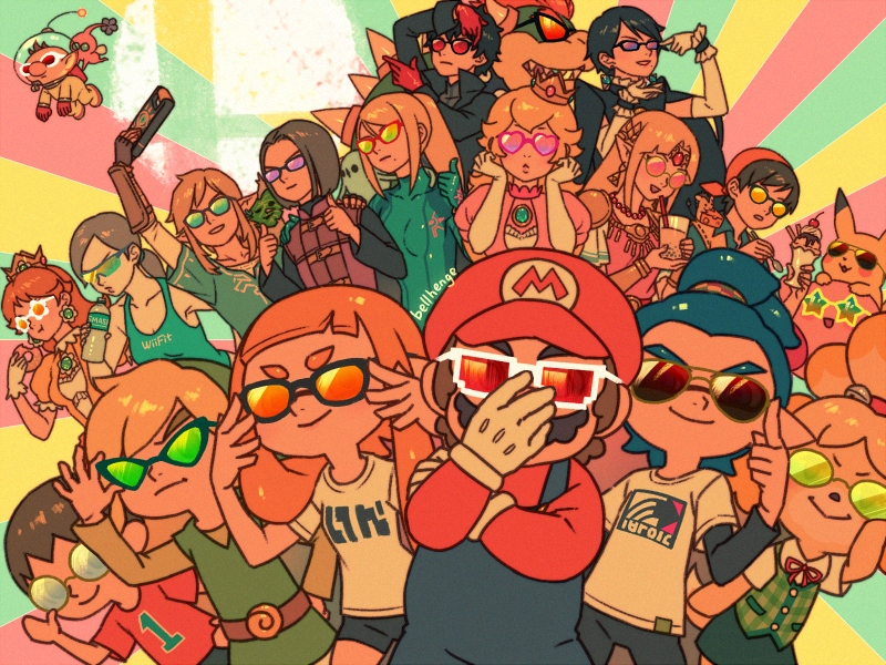 link, inkling player character, pikachu, princess zelda, inkling girl, and 19 more (pokemon and 20 more) drawn by bellhenge