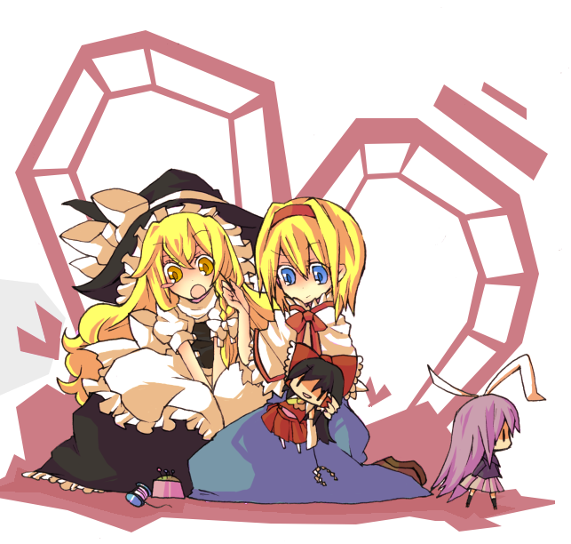 hakurei reimu, kirisame marisa, alice margatroid, and reisen udongein inaba (touhou) drawn by pecoe