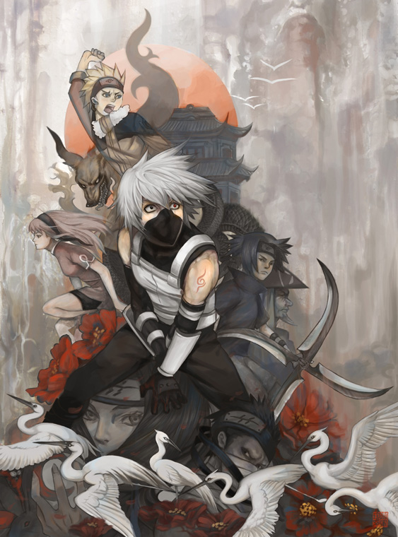 haruno sakura, uzumaki naruto, uchiha sasuke, hatake kakashi, kurama, and 3 more (naruto) drawn by derlaine