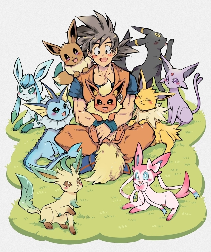son goku, eevee, sylveon, umbreon, glaceon, and 5 more (pokemon and 2 more) drawn by hano_(hanos91)