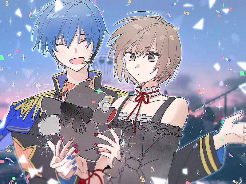 kaito, meiko, wonderlands x showtime kaito, and 25-ji meiko (vocaloid and 1 more) drawn by jw9484
