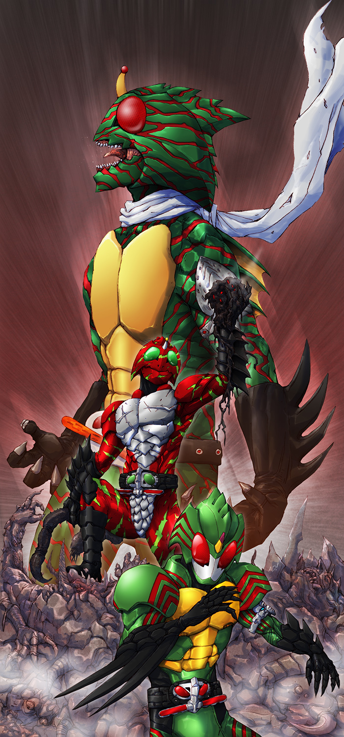 kamen rider amazon, kamen rider amazon alpha, and kamen rider amazon omega (kamen rider and 2 more) drawn by adi_(adivider)