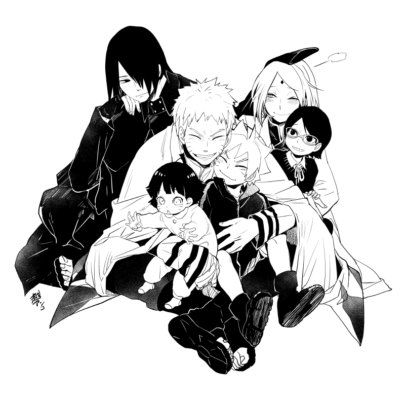 haruno sakura, uzumaki naruto, uchiha sasuke, uchiha sarada, uzumaki boruto, and 1 more (naruto) drawn by koshi_anko