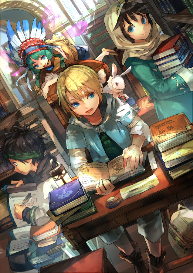 theo fumis, mihona qoahau, peperico pradhatti, alv t'laloque, and uira (toshokan no daimajutsushi) drawn by geetgeet